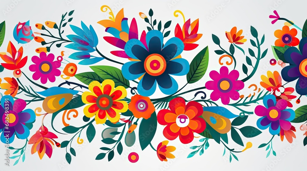 a Mexican floral design, bright and colorful, flat color graphic in a Festive-themed, horizontal format of graphic illustration in JPG. Generative ai