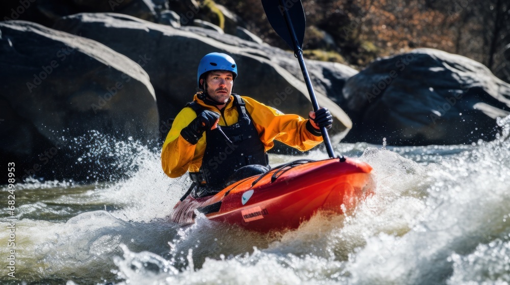 Naklejka premium A kayaker navigating through rough white water rapids