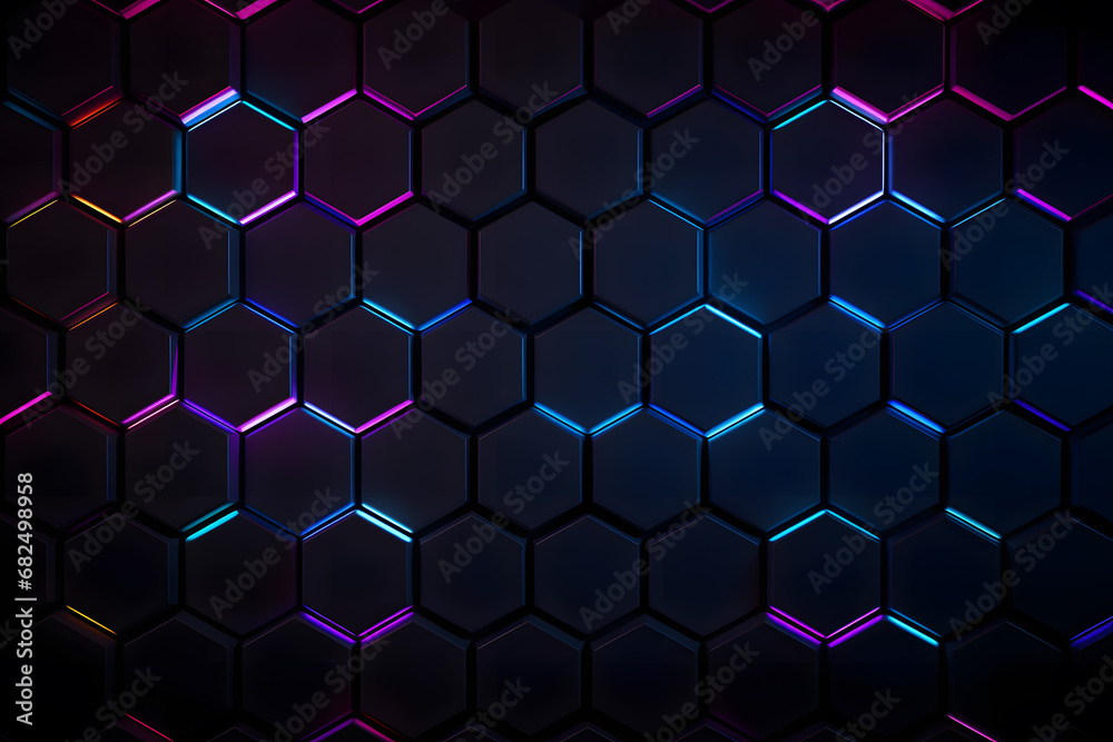 Neon style dark technology background with hexagons or honeycombs with neon lights behind them Neon style dark technology background with hexagons or honeycombs with neon lights behind them
