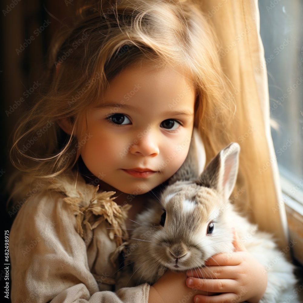 A sweet image of a child holding a baby bunny in their lap, the two of them snuggled up together A sweet image of a child holding a baby bunny in their lap, the two of them snuggled up together