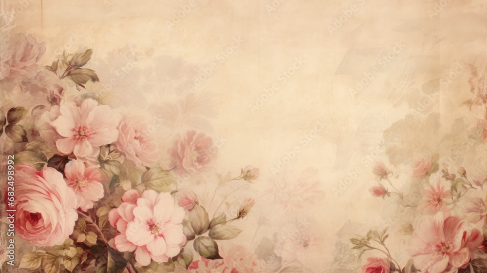 vintage paper with flowers on the side/margins, with room for copy and a  light background in a Horizontal format, in a Floral art paper-themed, photorealistic illustration in JPG.