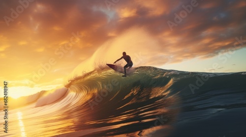 A surfer riding a wave in the ocean, with the sun setting behind them © ArtCookStudio
