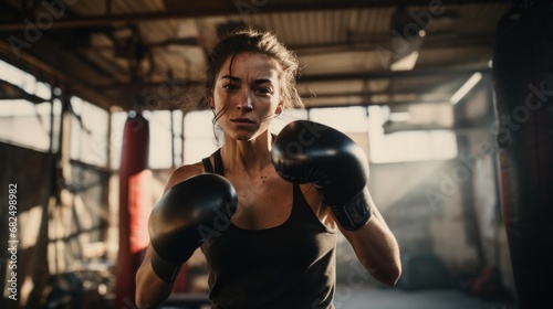 A woman boxing with a punching bag, with a gritty, industrial setting in the background