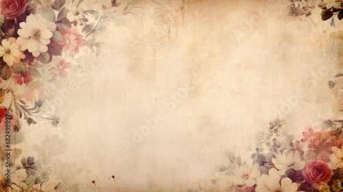 vintage paper with flowers on the side/margins, with room for copy and a light background in a Horizontal format, in a Floral art paper-themed, photorealistic illustration in JPG.