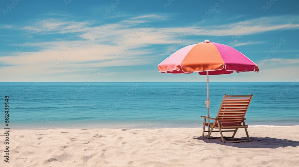 A lone beach chair under a colorful beach umbrella, inviting relaxation by the sea.