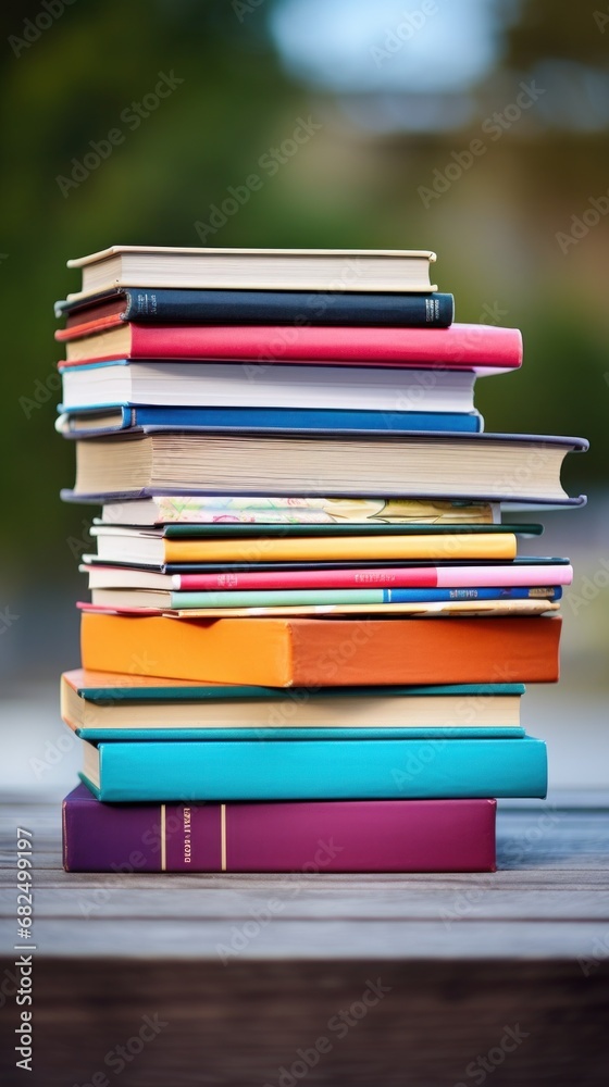 A stack of books with colorful spines, representing a variety of subjects and academic disciplines A stack of books with colorful spines, representing a variety of subjects and academic disciplines