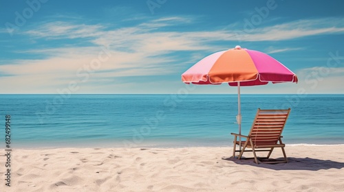 A lone beach chair under a colorful beach umbrella, inviting relaxation by the sea.