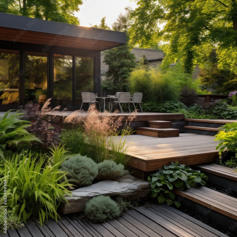 a modern garden with a unique set of outdoor furniture, well-maintained greenery a modern garden with a unique set of outdoor furniture, well-maintained greenery