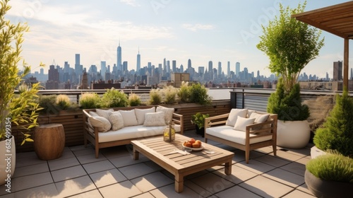serene rooftop garden with a variety of plants, a stylish seating area,