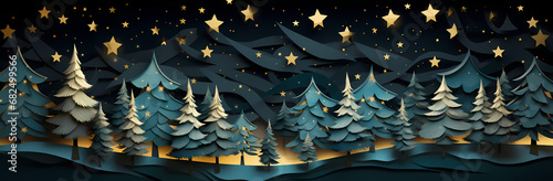 christmas tree background with golden tree sprites on the dark background, in the style of light teal and dark sky-blue, delicate paper cutouts, realistic landscape paintings photo