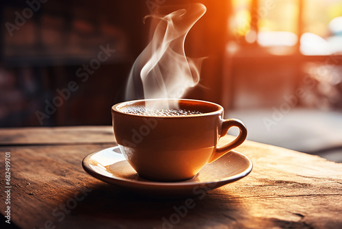 A cup of hot morning coffee on a wooden table