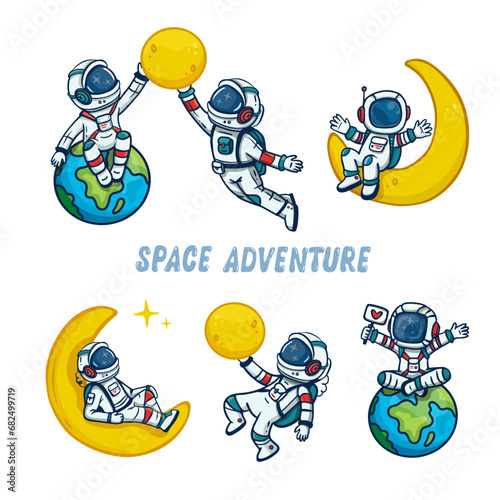 Big set of cartoon astronauts isolated on white background. Doodle style, for book, magazins, cards. Vector illustration
