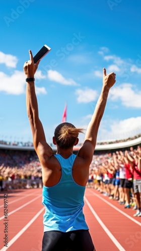A runner crossing the finish line at a race, with a crowd cheering in the background
