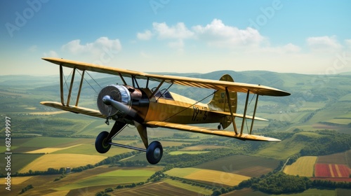 A vintage biplane flying over a rural landscape, with green fields and blue skies in the background photo