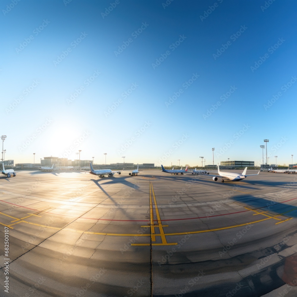  panoramic view of an airport runway with planes parked and in motion