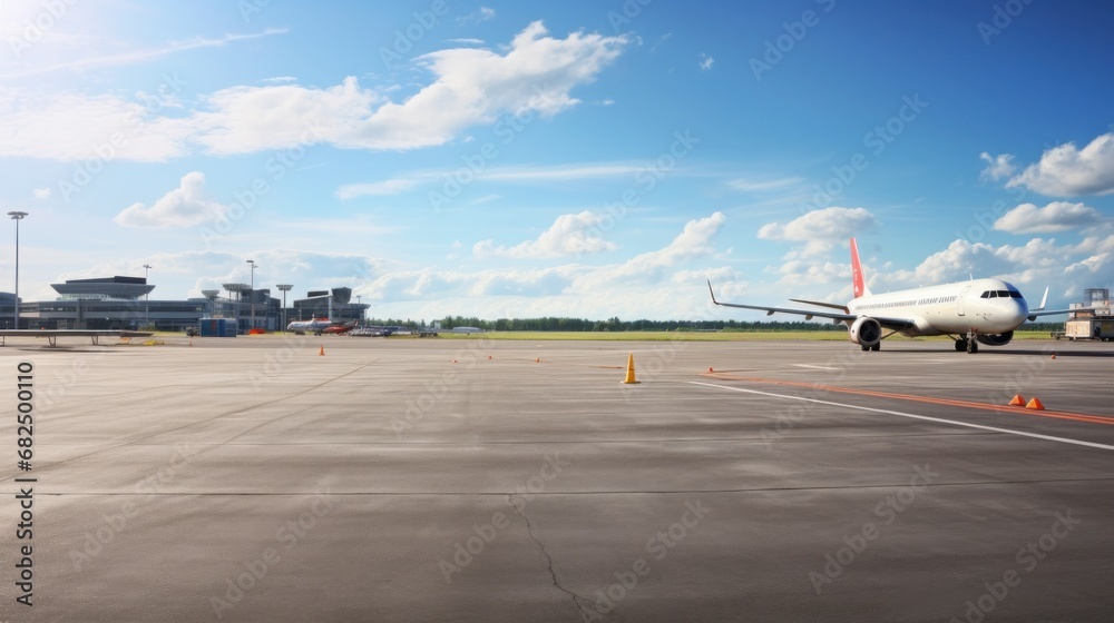  panoramic view of an airport runway with planes parked and in motion - obrazy, fototapety, plakaty 