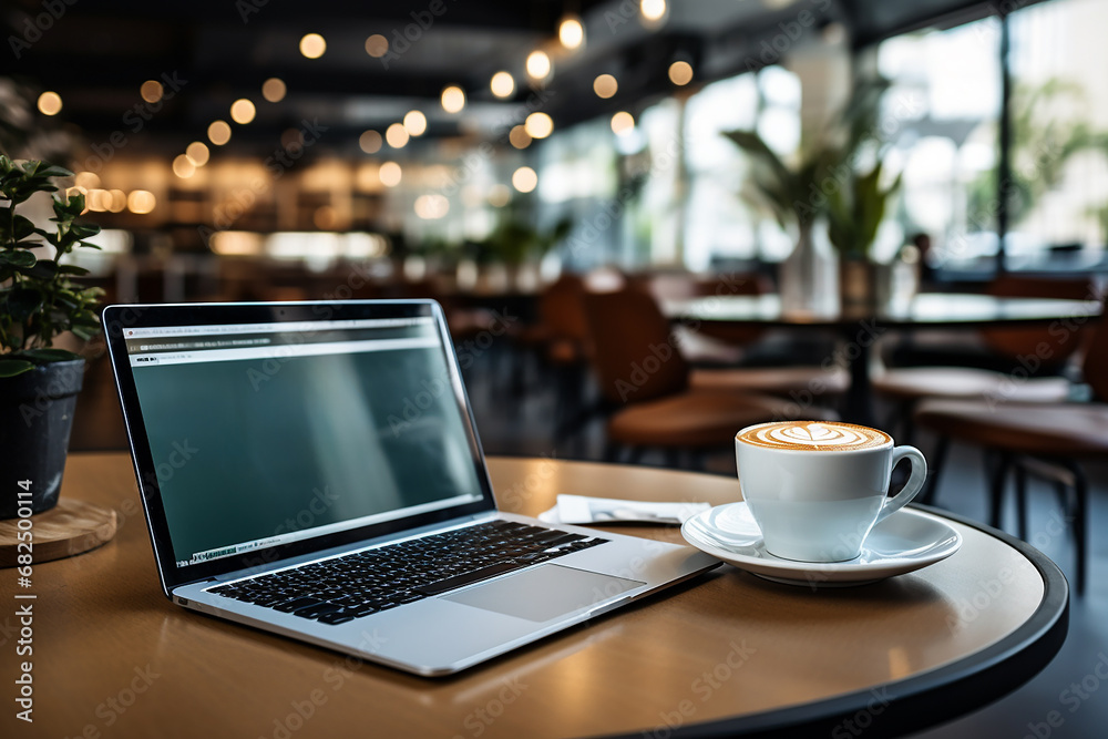 cup of coffee and laptop in a cafe, business and learning concept cup of coffee and laptop in a cafe, business and learning concept