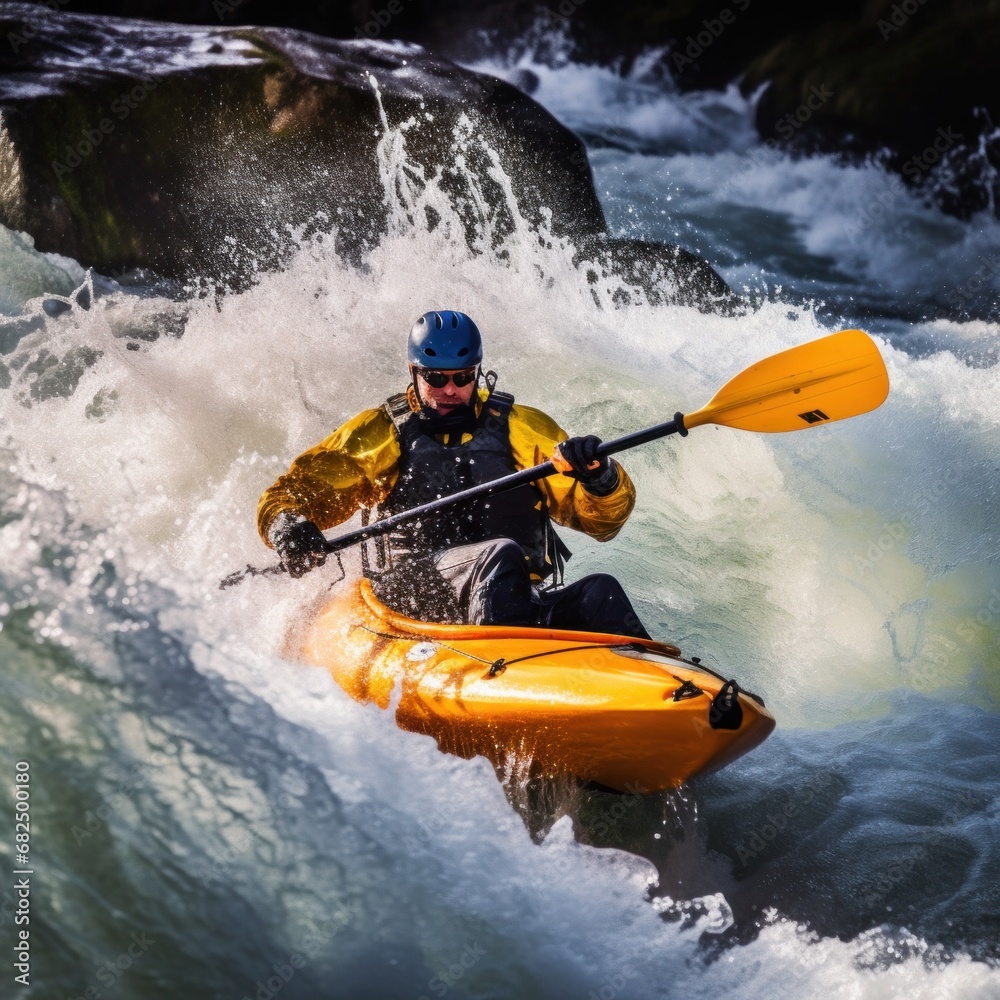 A kayaker navigating through rough white water rapids