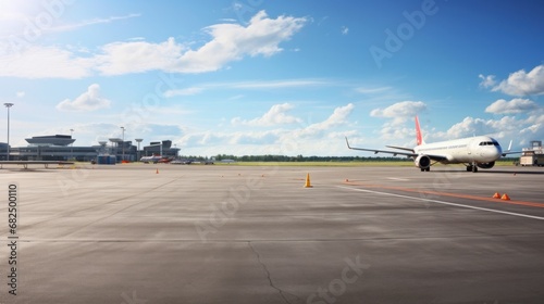  panoramic view of an airport runway with planes parked and in motion photo