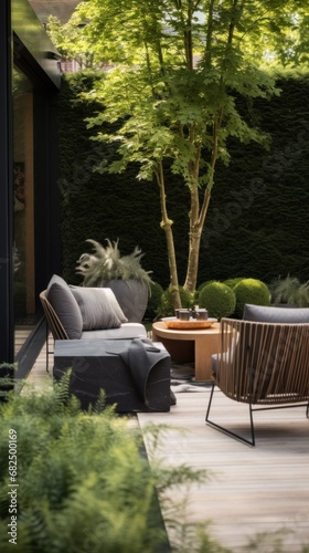 a modern garden with a unique set of outdoor furniture, well-maintained greenery