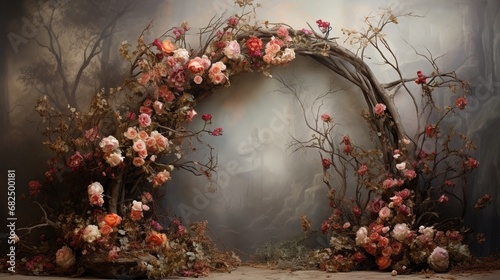 Floral arch and pink delicate flowers and roses. Photo background for a photo studio in warm gray tones with flowers. photo