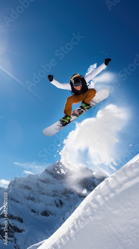 A snowboarder performing a trick in mid-air, with the snow-covered mountain in the background