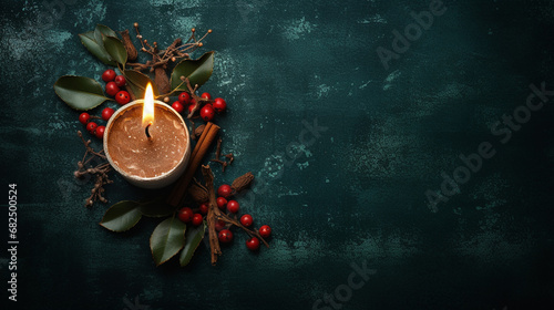 Christmas Candle on a Bed of Scented Cinnamon Sticks, Leaves, Cranberries, Cloves, and Star Anice - On Textured, Vintage Green Background with Copy Space - Xmas Holiday Theme Flat Lay Overhead View photo