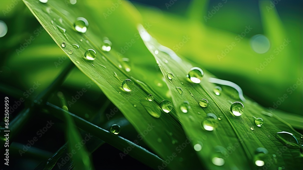 Very beautiful macro image of natural illuminated water droplets on surface of green leaf or stem of grass, symbol of fragility and purity nature. Very beautiful macro image of natural illuminated water droplets on surface of green leaf or stem of grass, symbol of fragility and purity nature.