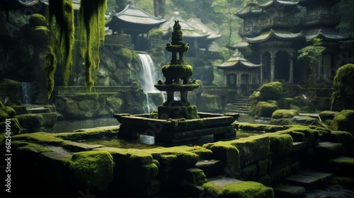 an image of a tranquil Zen monastery with a moss-covered stone fountain