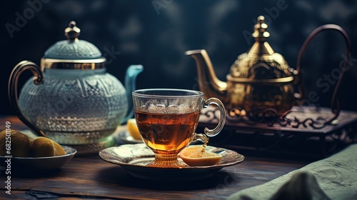 Tea pot with glasses. Oriental hospitality concept. Food and drink. Islamic holidays decoration. Vintage style toned picture