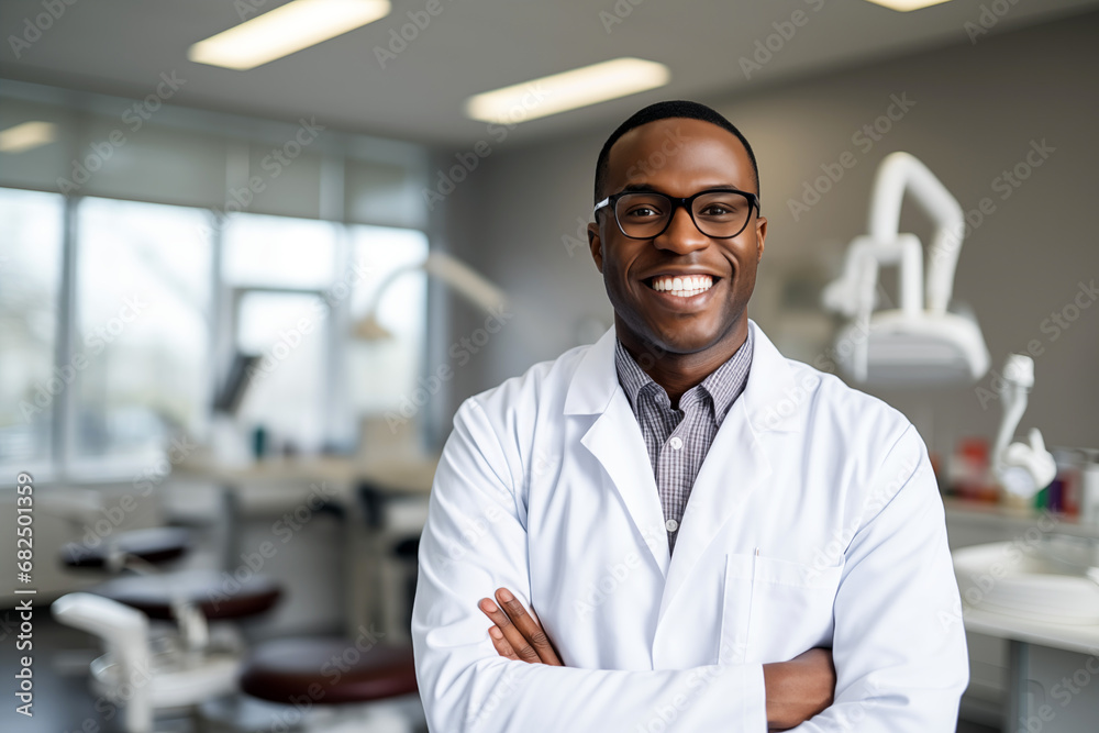Smiling men dentist at work. Men dentist in her office. Black man. African American. Work. AI. - obrazy, fototapety, plakaty 