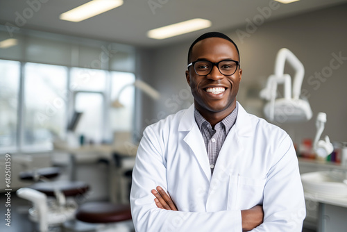 Smiling men dentist at work. Men dentist in her office. Black man. African American. Work. AI. photo