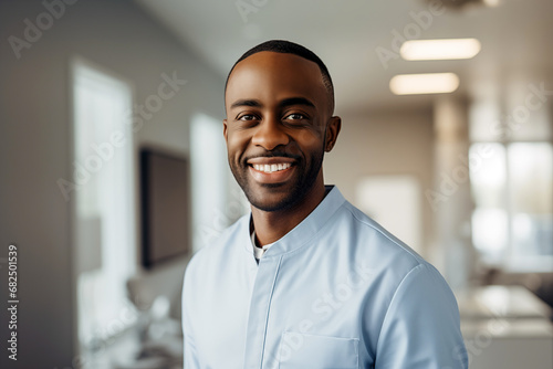 Smiling men dentist at work. Men dentist in her office. Black man. African American. Work. AI. photo