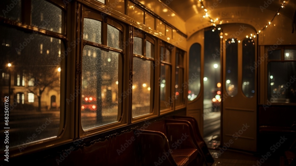 an image of city lights through the window of a vintage trolley