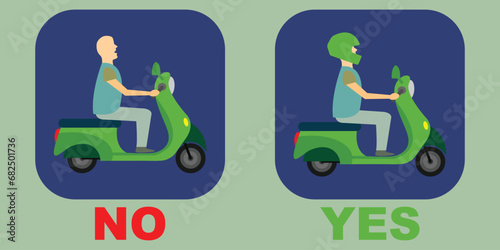 Two icons with a man on a scooter with and without helmet and the words yes and no