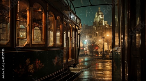 an image of city lights through the window of a historic tram