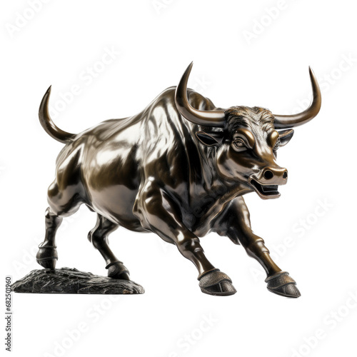 a statue of a raging bull representing the positive financial stock market  3 4 view in an isolated and transparent PNG in a Financial-themed  photorealistic illustration. Generative ai