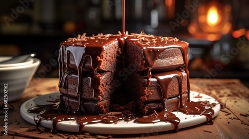 Chocolate cake. Pouring chocolate glaze on cake. Homemade chocolate cake on cake stand, home baking concept.