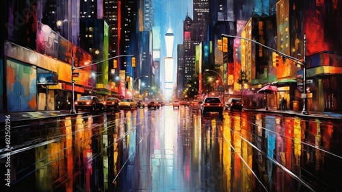 an image of city lights casting colorful reflections on a wet road
