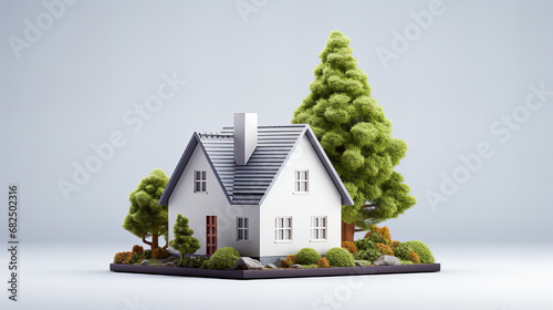 Miniature model of a house with trees and grass on white background. 3d rendering. Generative AI technology.