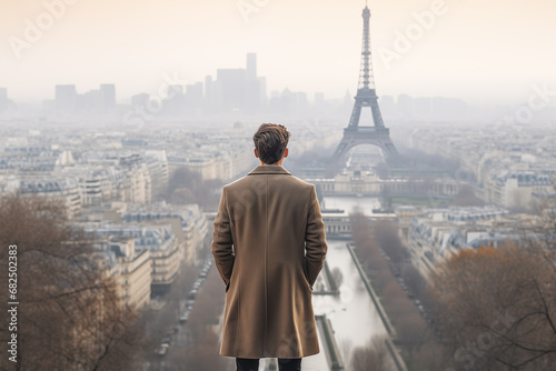 Handsome young man back view overlooking the Eiffel Tower in a sunny winter day © ana