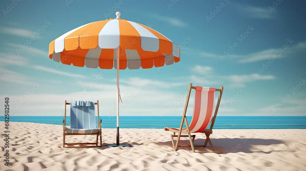 Beach umbrella with chairs, inflatable ring on beach sand. summer vacation concept. 3d rendering