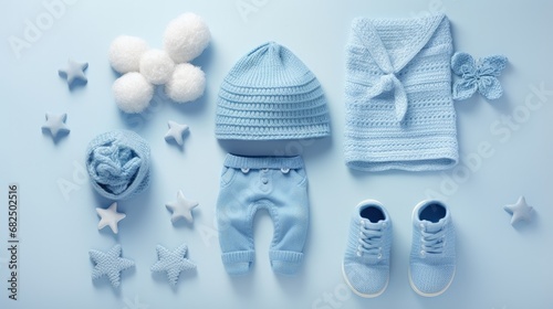Baby boy blue hat with booties and accessories, top view.
