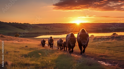 Bison herd with calves at sunrise at Fort Niobrara National Wildlife Refuge in Valentine, Nebraska, USA photo