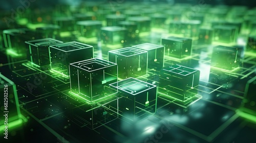 Green components integrating into action. Green technology concept abstract. Green cubes floating in formation. Shallow depth of field. 3D illustration, 3D rendering.