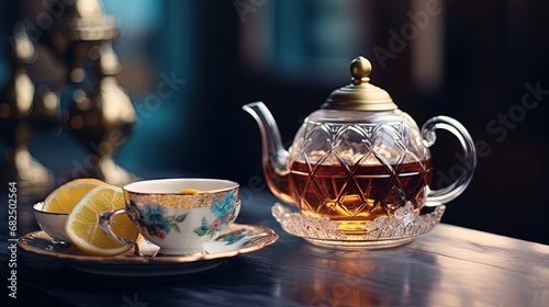 Tea pot with glasses. Oriental hospitality concept. Food and drink. Islamic holidays decoration. Vintage style toned picture