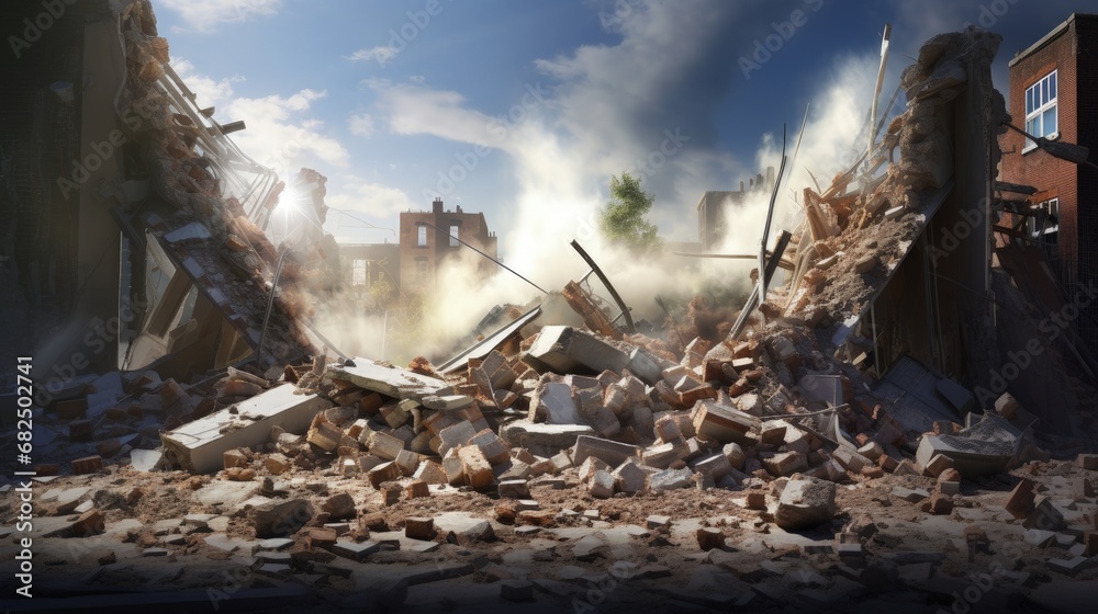 Recovery and recycling of concrete and brick rubble debris on construction site after a demolition of a brick building.