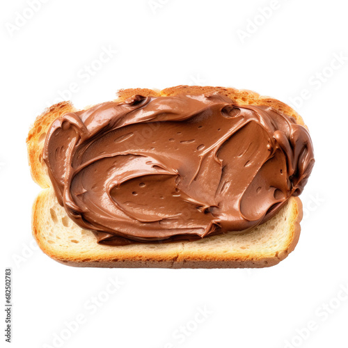 a Chocolate spread on a slice of bread, 3/4 view in an isolated and transparent PNG in a chocolate snack-themed, photorealistic illustration. Generative ai