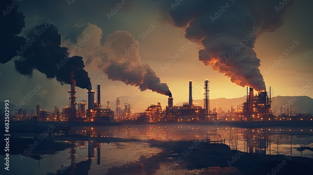 Working oil refinery. Smoke from the factory chimney. Ecological pollution. Air emissions polluting the city. Industrial waste is hazardous to health. Large factory in smog, Production in operation.