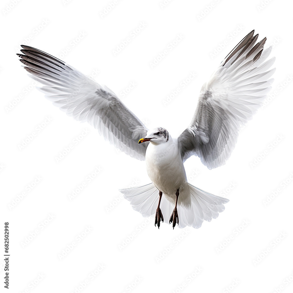 Obraz premium a Common seagull in-flight, front view in an isolated and transparent PNG in a Nature-themed, photorealistic illustration. Generative ai